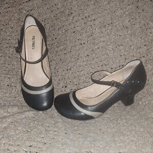 MIZ MOOZ-Tracy-Black/Grey Leather Mary Janes-Rockabilly/Pinup-Sz 9.5-Excellent